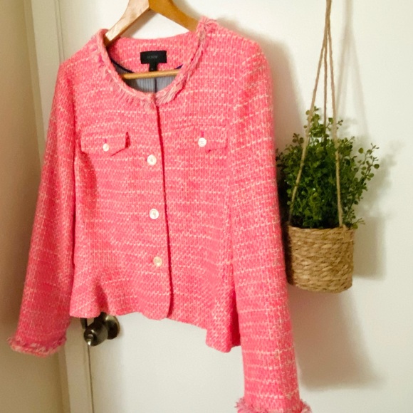 J Crew Peplum Lady Tweed Boucle Jacket Blazer Barbie Pink Fringe Size 14 G1959 - Picture 4 of 16